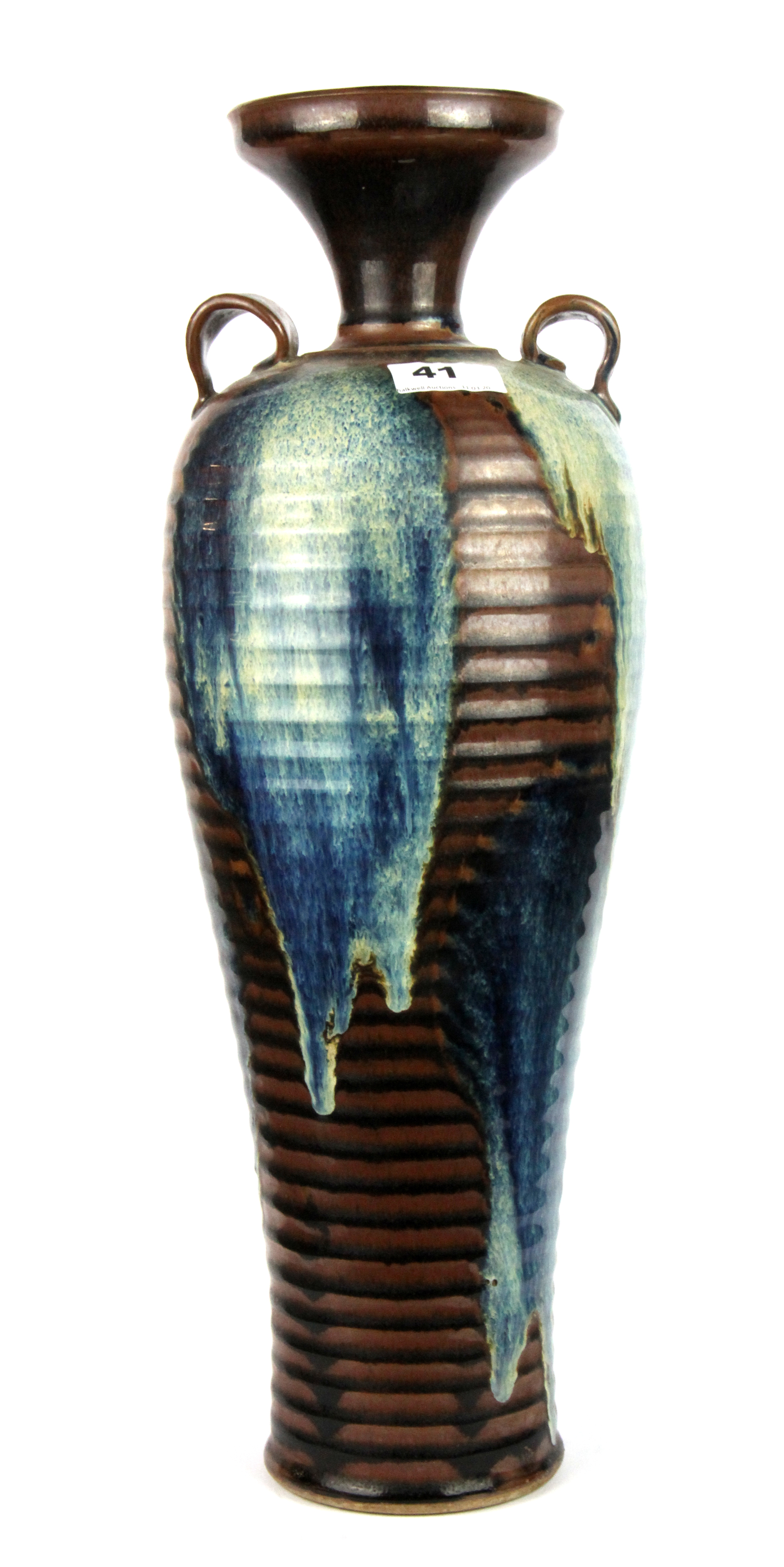 A large Chinese c.1920 ribbed and splash glazed porcelain vase, H. 49cm.