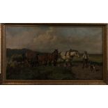 A 19th century gilt framed oil on canvas of horses in a rural scene, with indistinct signature but