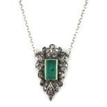 A 19th century white metal (tested silver) necklace set with an emerald and rose cut diamonds, L.