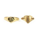 Two 9ct yellow gold heart shaped rings, (G & I).