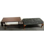 An upholstered foot stool and a mahogany drop end coffee table, stool L. 93cm.