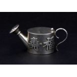 A Chinese hallmarked silver pounce pot modelled as a watering can, makers mark LH, L. 7.5cm.