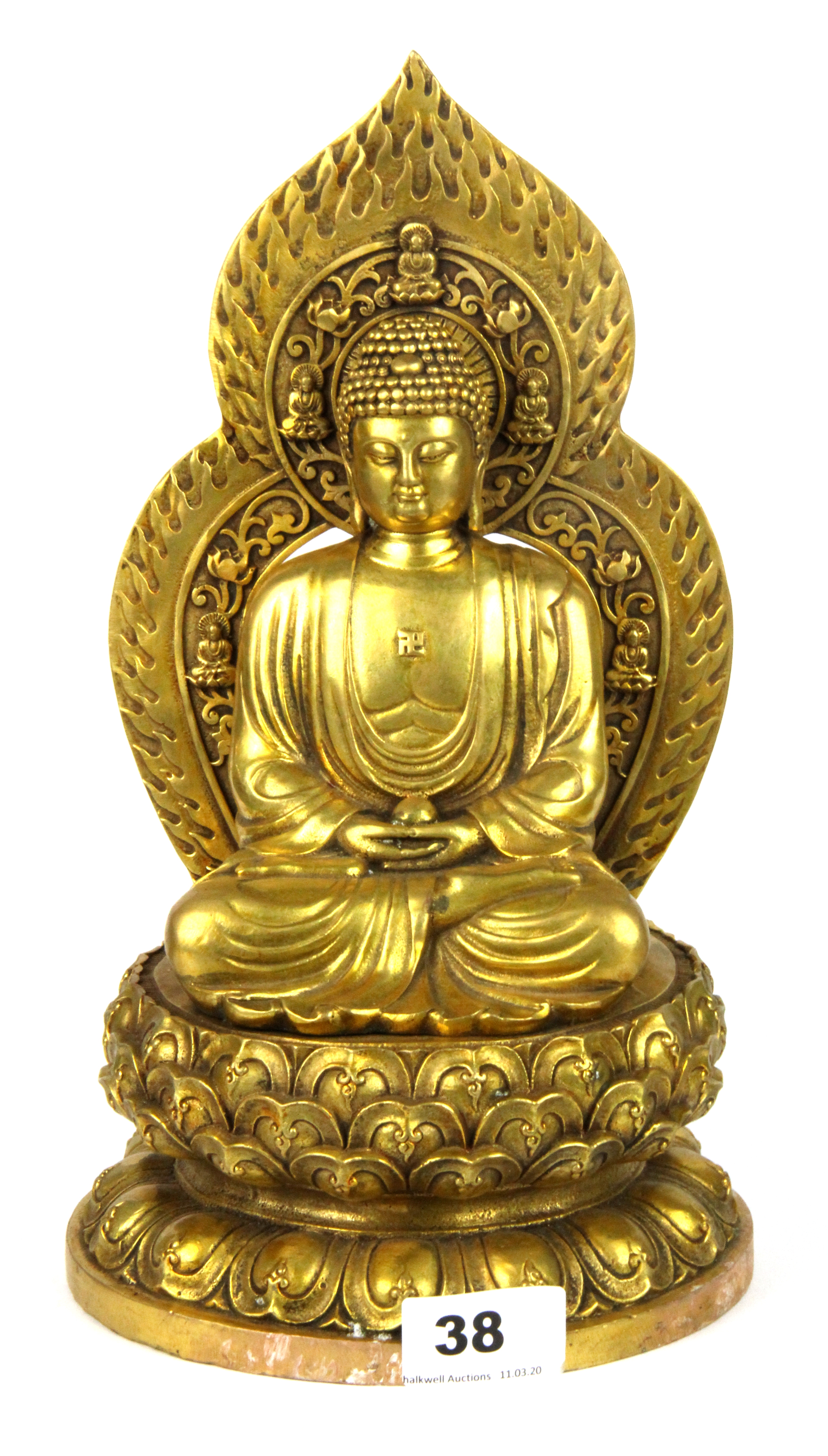 A gilt bronze figure of the seated Buddha, H. 18cm.