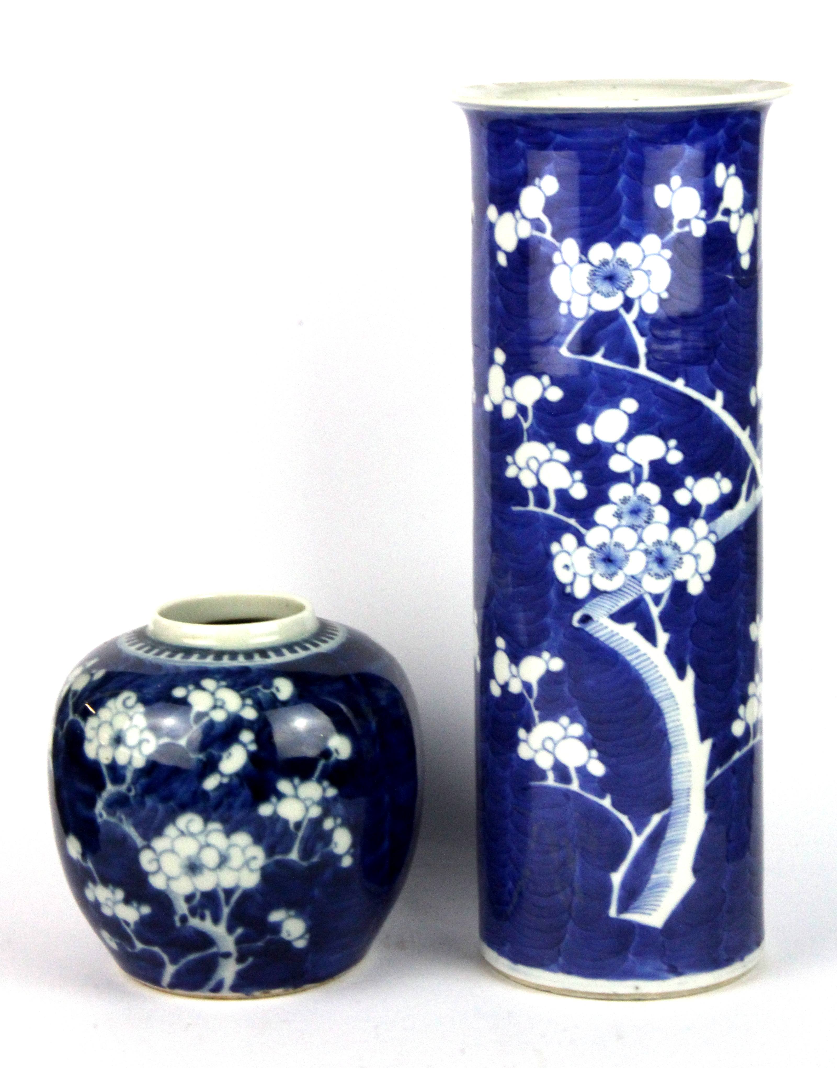 A 19th Century Chinese hand painted porcelain cylinder vase (A/F), H. 30cm, together with a prunus