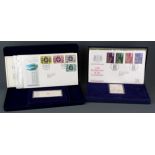 Two boxed sterling silver jubilee commemorative ingots and first day cover stamps.