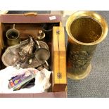 A brass stick stand and quantity of metal ware etc.