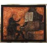 Bernard Rooke. An unusual large framed Studio pottery wall panel of a pianist, 94 x 79cm.