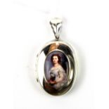 A 925 silver and enamel portrait locket, H. 4.5cm.