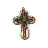 An early 20th Century Italian micro mosaic cross mounted with a photographic image, H. 4cm.