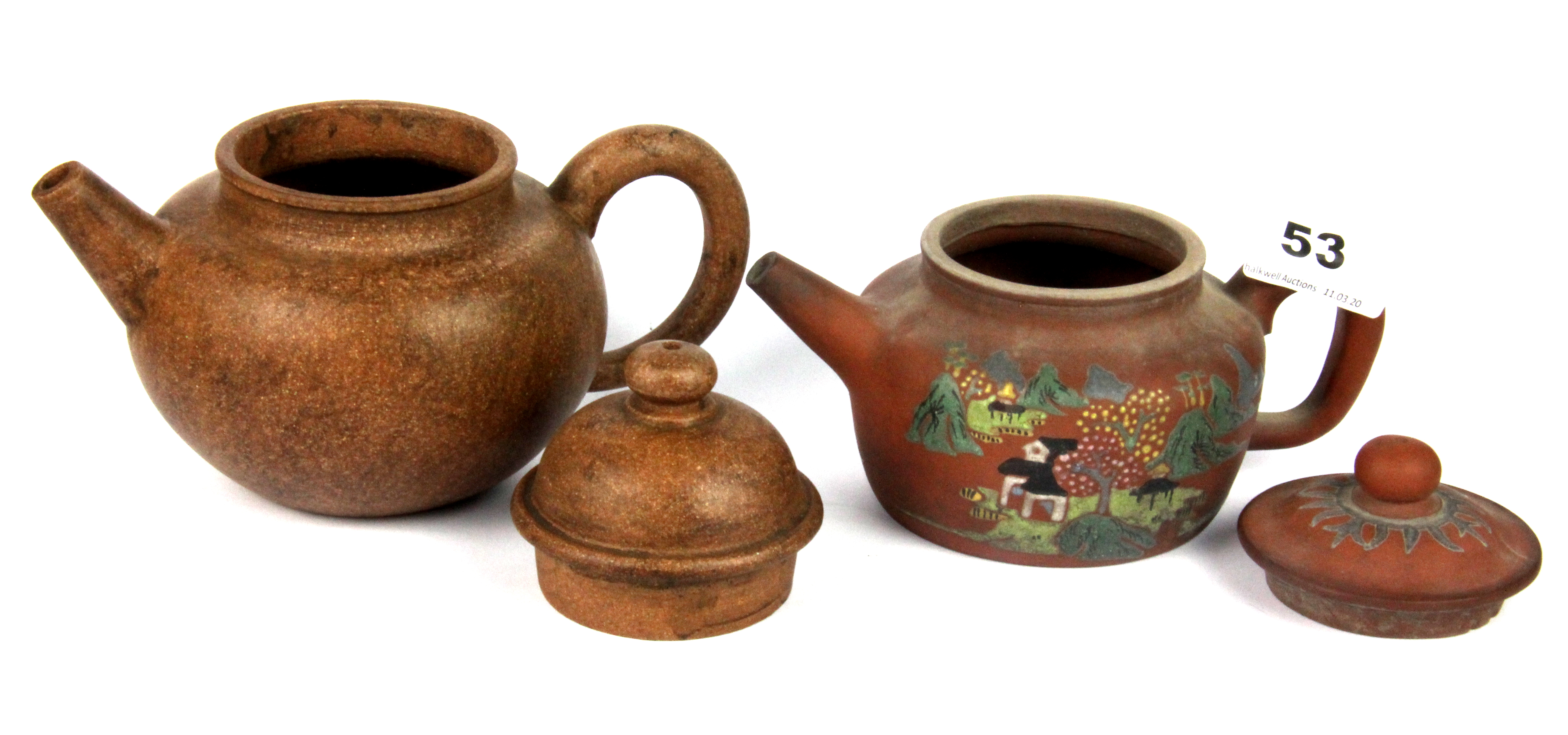 Two Chinese Yixing terracotta teapots, one with enamelled decoration, tallest 12cm. - Image 2 of 3