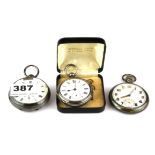 Two silver pocket watches and a military pocket watch.