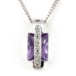 A 9ct white gold amethyst and diamond set pendant and chain, L. 1.5cm.