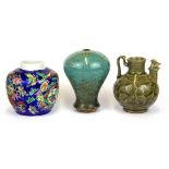 A group of three Chinese porcelain items including a double spout water dropper, H. 10cm.
