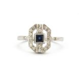 An Art Deco style white metal (tested high carat) gold ring set with a sapphires and diamonds, (J).