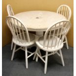 A painted and stripped pine pedestal table and four country chairs, Dia. 106cm.