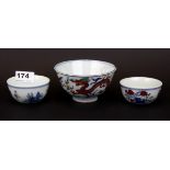 A pair of Chinese hand painted porcelain tea bowls and a hand painted porcelain rice bowl.