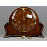 An attractive wooden chiming mantle clock, H. 23cm.