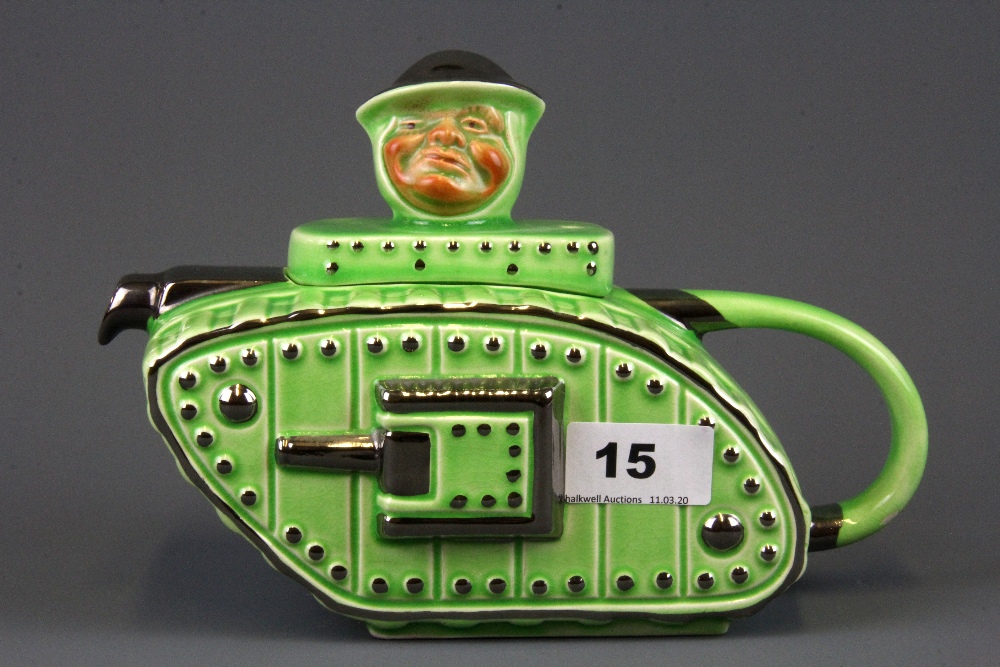 A 1930's Bairnsfather inspired Tommy Tank teapot, H. 15cm.