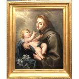 A 17th/18th Century French gilt framed oil on canvas of Saint Anthony with the child Jesus, 75 x