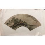 A Chinese silk mounted fan painting of a landscape, 63 x 38cm.