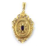 A 9ct yellow gold amethyst and seed pearl set pendant, L. 5.5cm.