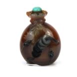 A Chinese carved agate snuff bottle modelled as a sack of rice, a string of cash and two mice, H.
