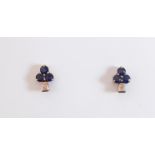 A pair of 14ct yellow gold earrings set with round cut sapphires and white stones, L. 1cm.