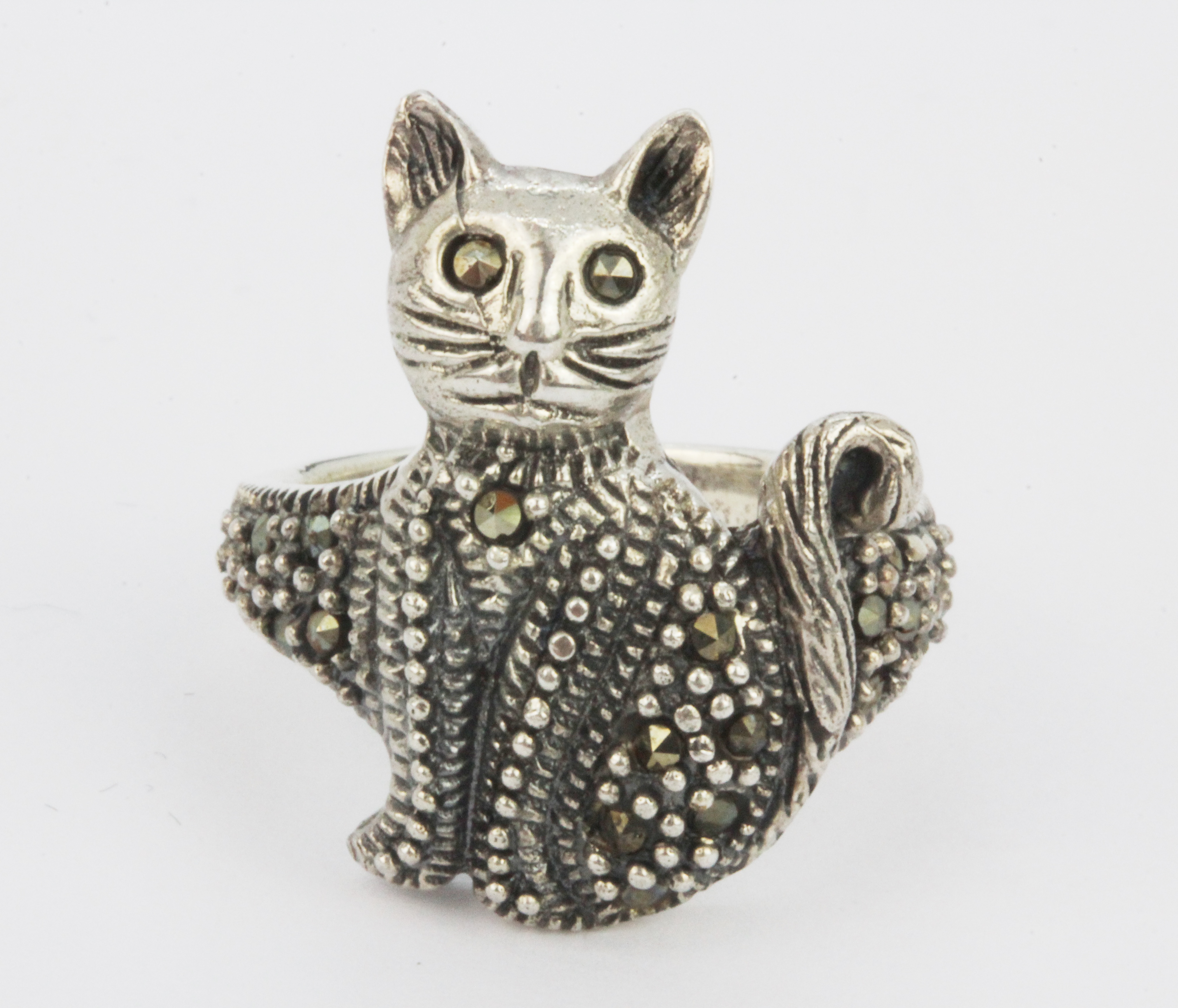 A 925 silver and marcasite cat shaped ring.