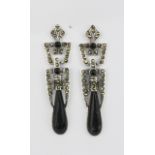 A pair of 925 silver and marcasite onyx set drop earrings, L. 5cm.