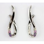 A pair of 9ct white gold earrings set with diamond, tourmaline, tanzanite and amethyst, L. 2.8cm.
