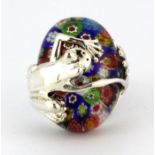 A 925 silver frog shaped ring set with Murano glass millefiori, (S).
