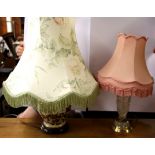 A cut crystal table lamp and shade with a ceramic table lamp and shade, H. 70cm H. 55cm.