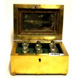 An early brass perfume casket with hand decorated bottles, case size 15 x 11 x 8cm. Condition - Good