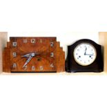 An Art Deco walnut veneered mantel clock, H. 20cm, and a Smith's Bakelite mantle clock.