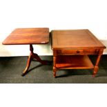 An oak veneered side table, 60 x 60 x 47cm, together with a tripod leg wine table, 52 x 52 x 50cm.