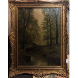 A gilt framed oil on canvas landscape, label verso reads P. Harper c. 1910, frame size 59 x 76cm.