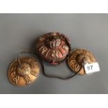 A pair of Tibetan bronze tingsha bells in a purpose made hammered copper and white metal case with