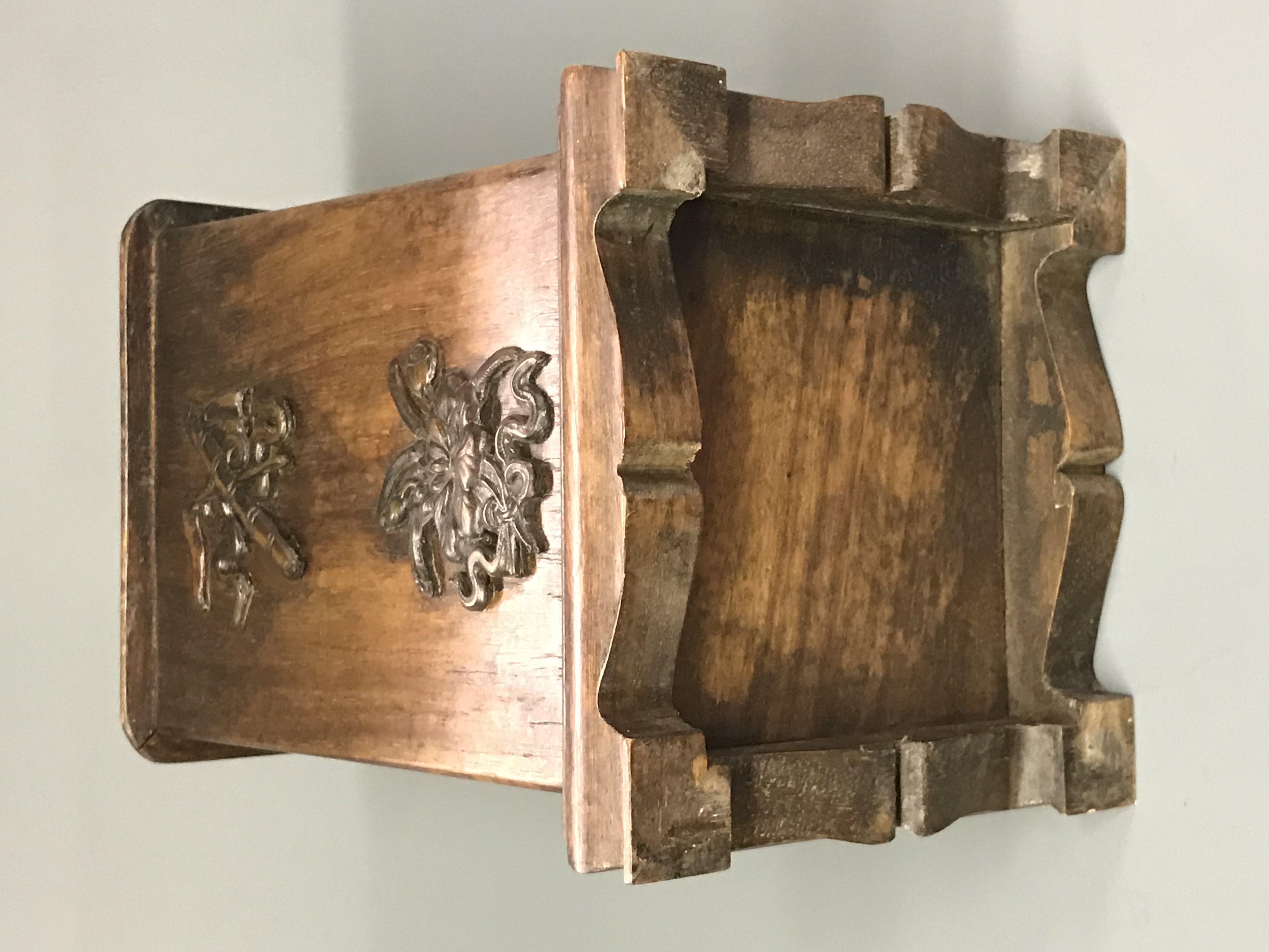 A Chinese hardwood brush pot in square form decorated with sacred symbols. H. 19cms. Condition - Image 4 of 4