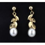 A 14ct yellow gold pearl set drop earrings, L. 2.5cm.