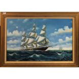 A large gilt framed oil on canvas of a sailing ship, frame size 109 x 78cm.