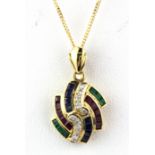 A pair of 18ct yellow gold earrings and matching pendant and chain set with step cut emeralds,