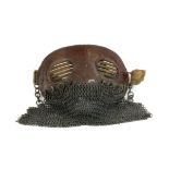 An interesting steel leather and chain mail 'steam punk' mask, W. 15cm H. 14cm.