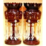 A pair of 19th century ruby glass lustres with glass domes, lustre height 31cm. Condition :