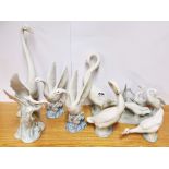 Seven porcelain Nao figures and one Lladro figure, all of geese and ducks, tallest H. 35cm.