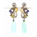 A pair of 925 silver drop earrings set with opal, chalcedony and tanzanites, L. 4.5cm.