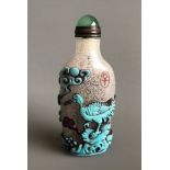 A good quality signed three colour carved Peking cameo glass snuff bottle with metal and hardstone