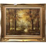 A gilt framed oil on canvas of a forest scene, signed I. Cafieri, frame size 65 x 55cm.