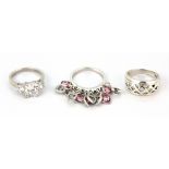 Three 925 silver stone set rings, (P.5, O, P).