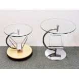 Two contemporary chrome and glass side tables incorporating magazine racks, tallest H. 51cm.