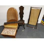 A Lloyd Loom chair, spinning chair, child's vintage deck chair and two other vintage items.